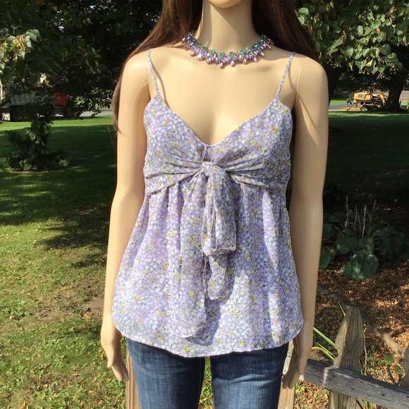 VIOLET FLORAL SPAGHETTI STRAP FRONT CHEST TIE CAMISOLE - Picture 4 of 8